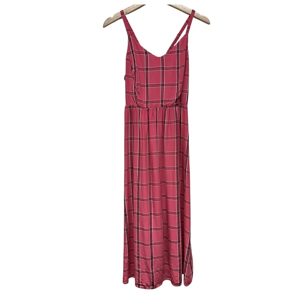 Old Navy Women Pink Plaid Fit & Flare Cami Midi Dress Size M Smocked Cottage